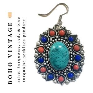 (pendant) 1980s vintage boho necklace pendant red, blue, green, &turquoise stone